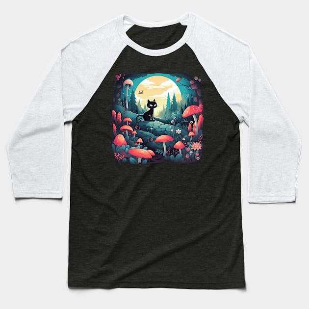 Mushroom Fairy Black Cat Landscape Baseball T-Shirt by nonbeenarydesigns